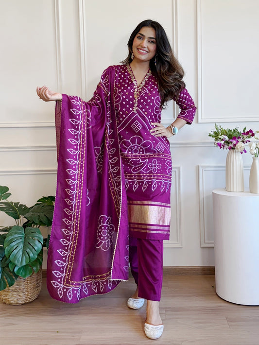 Purple Viscose Bandhani Print Kurti Set