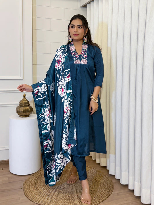 Blue Color Chinon Fabric V neck Kurti Set