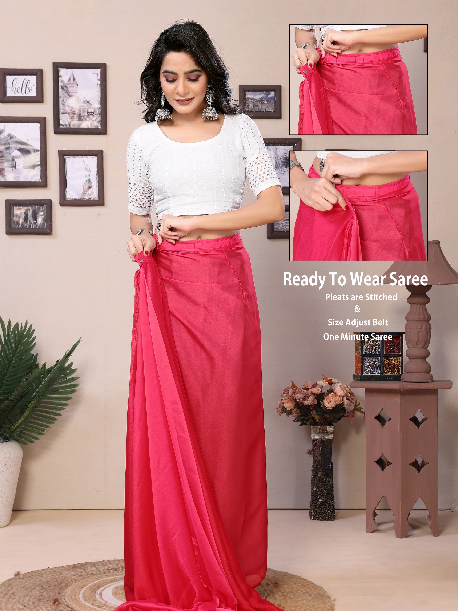 Satin red saree ready to wear design