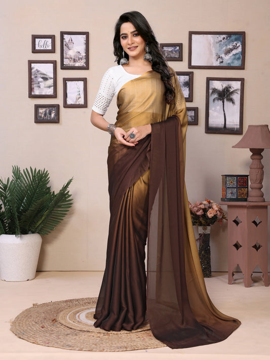 Ready to wear satin saree in gold and brown