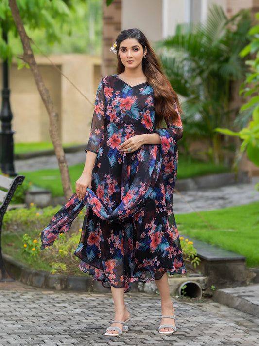 Black Fox Georgette Maxi Dress with Flowy Dupatta - Rheycart