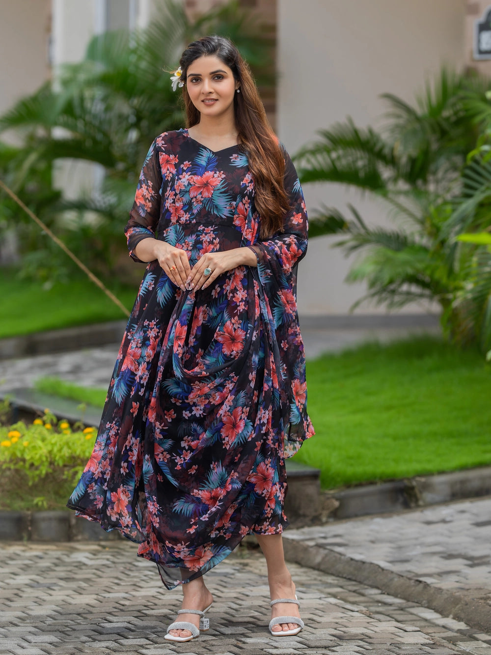 Black Fox Georgette Maxi Dress with Flowy Dupatta - Rheycart