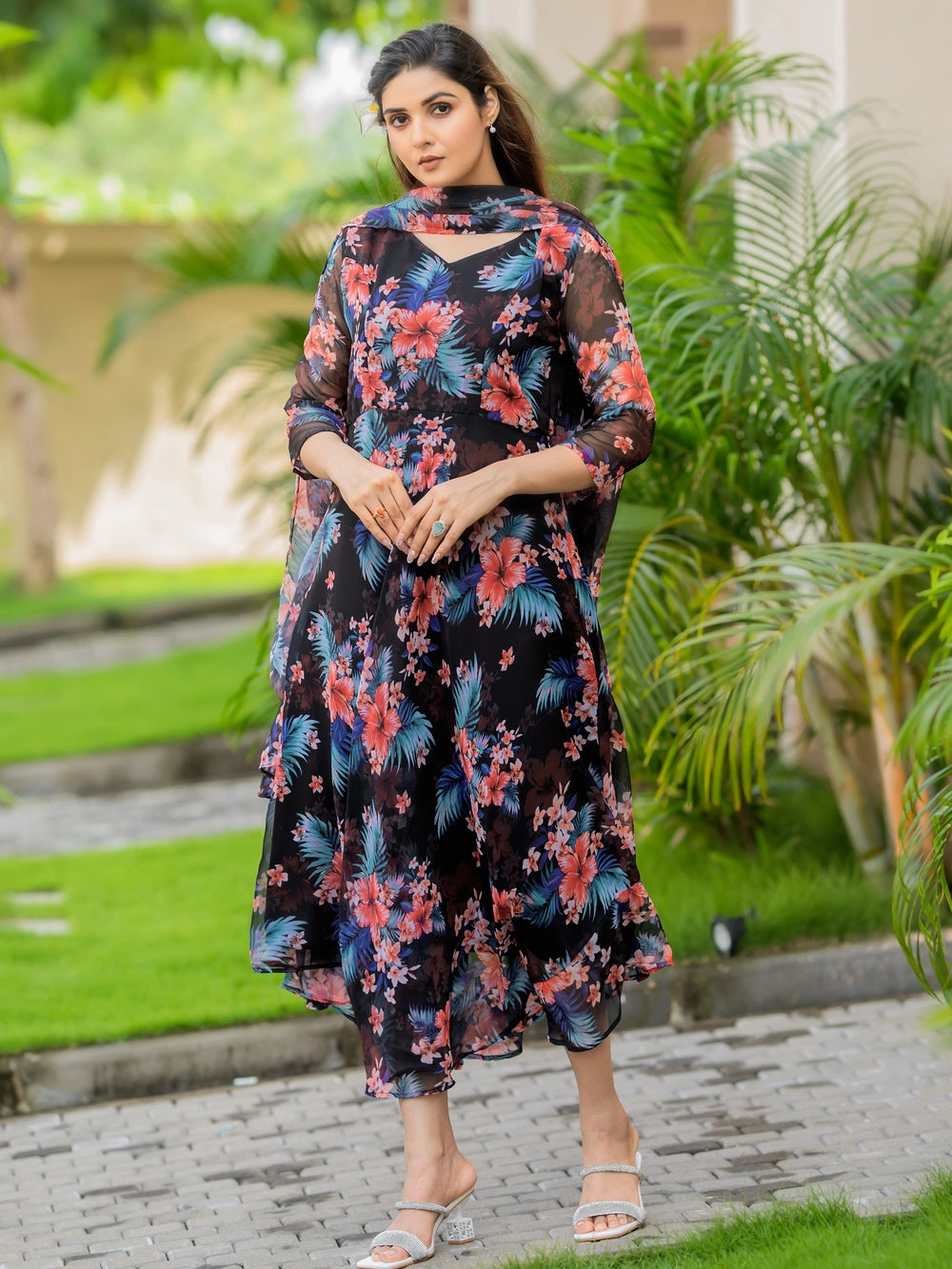 Black Fox Georgette Maxi Dress with Flowy Dupatta - Rheycart