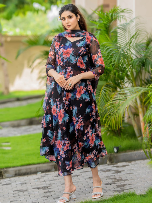 Black Fox Georgette Maxi Dress with Flowy Dupatta - Rheycart