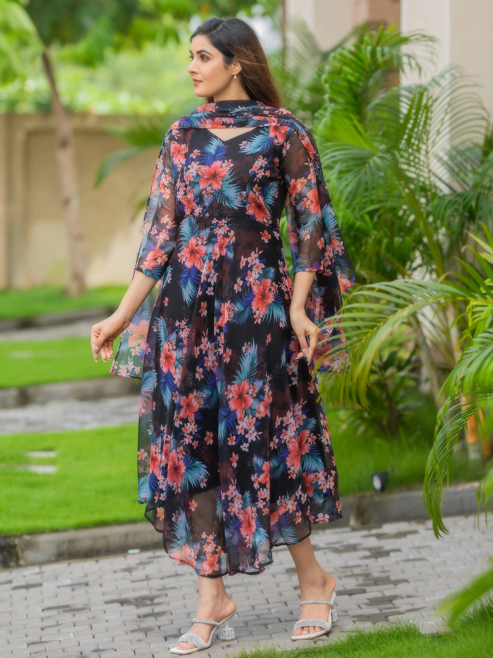 Black Fox Georgette Maxi Dress with Flowy Dupatta - Rheycart