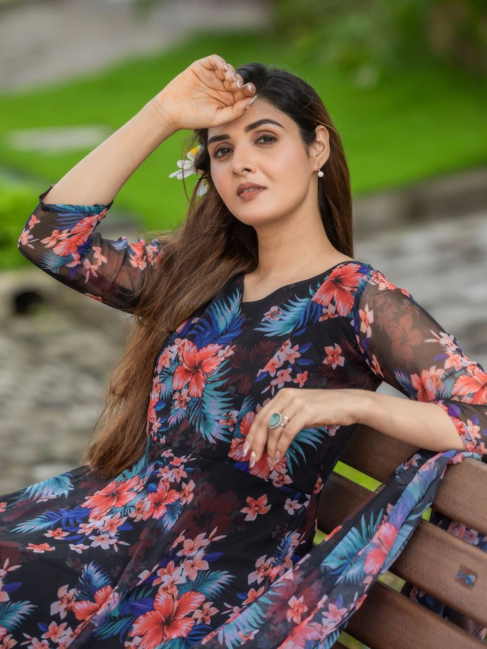 Black Fox Georgette Maxi Dress with Flowy Dupatta - Rheycart