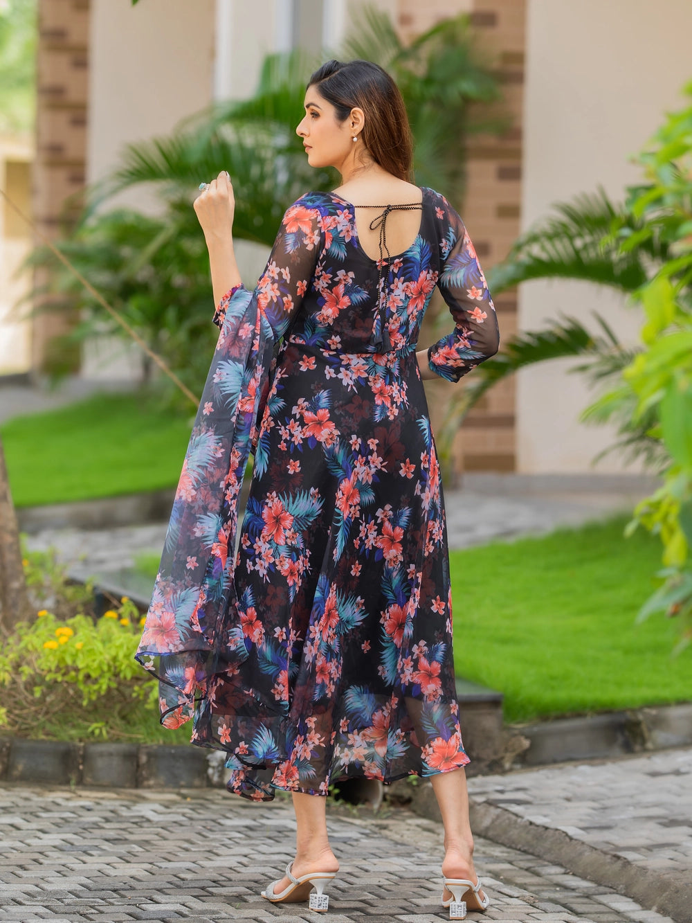 Black Fox Georgette Maxi Dress with Flowy Dupatta - Rheycart