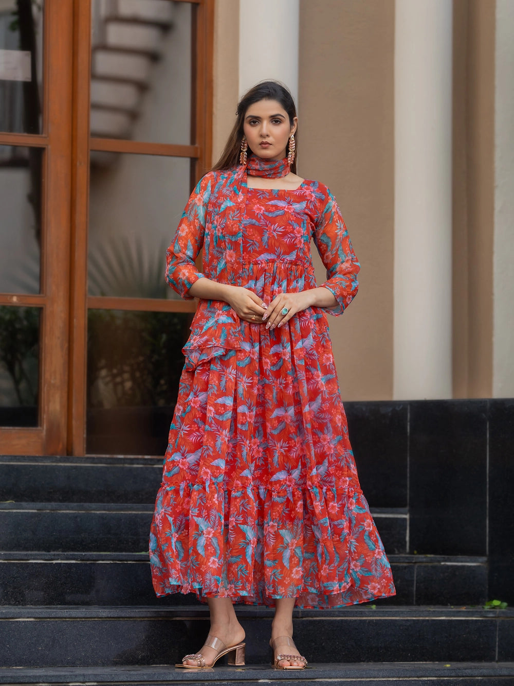 Rusty Red Fox Georgette Maxi Dress with Flowy Dupatta - Rheycart