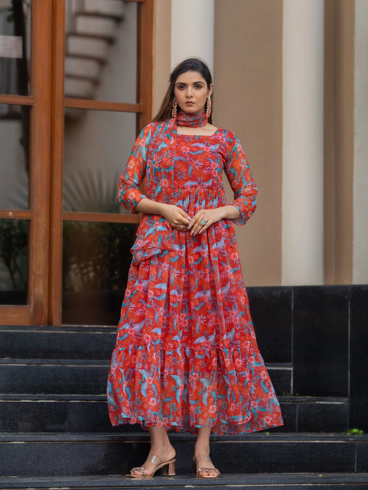 Rusty Red Fox Georgette Maxi Dress with Flowy Dupatta - Rheycart