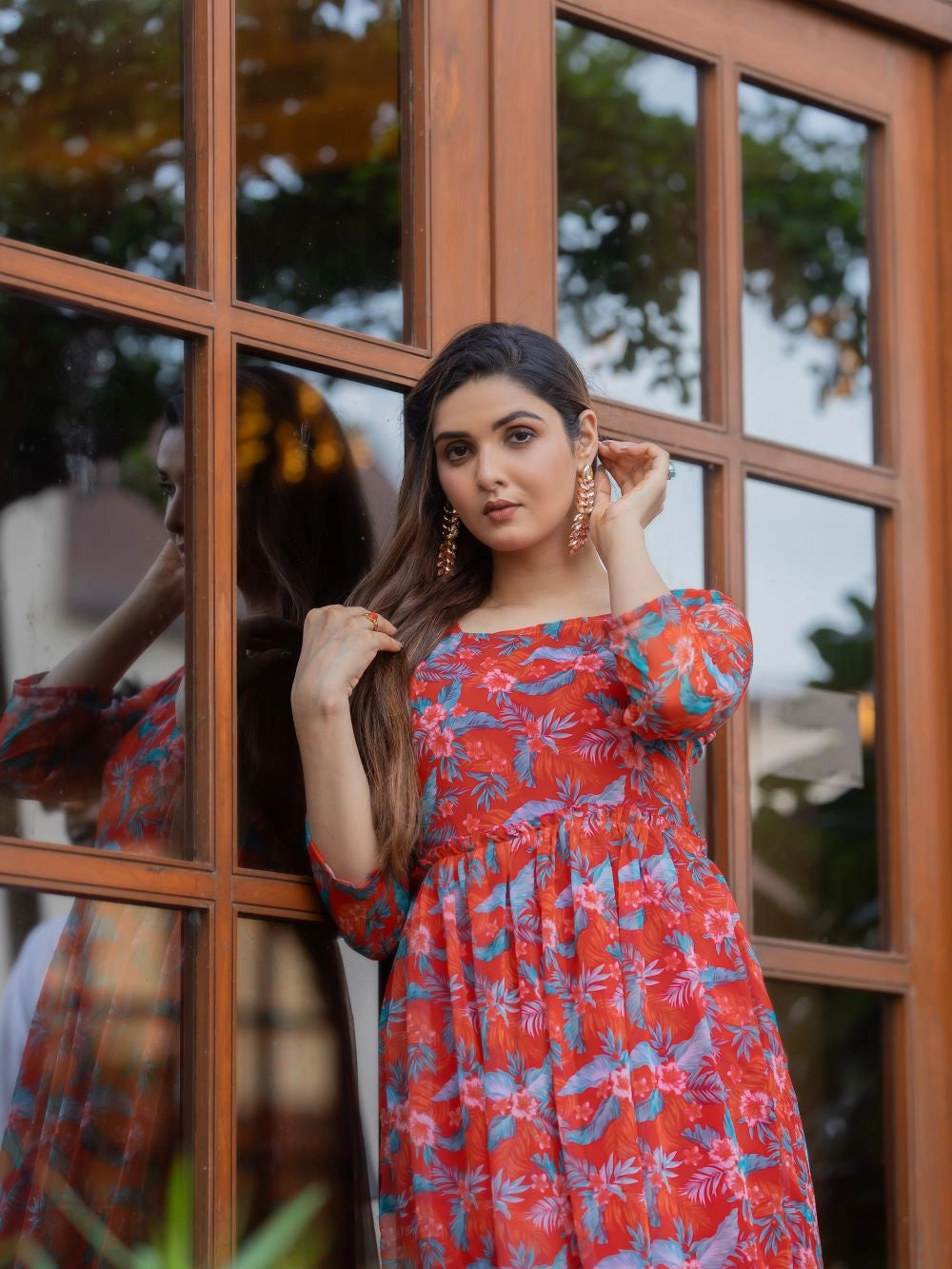 Rusty Red Fox Georgette Maxi Dress with Flowy Dupatta - Rheycart