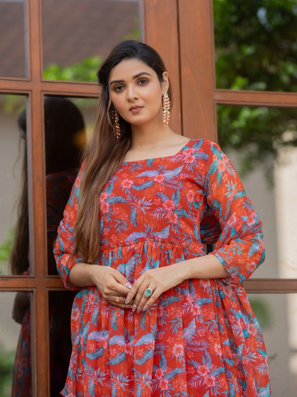 Rusty Red Fox Georgette Maxi Dress with Flowy Dupatta - Rheycart