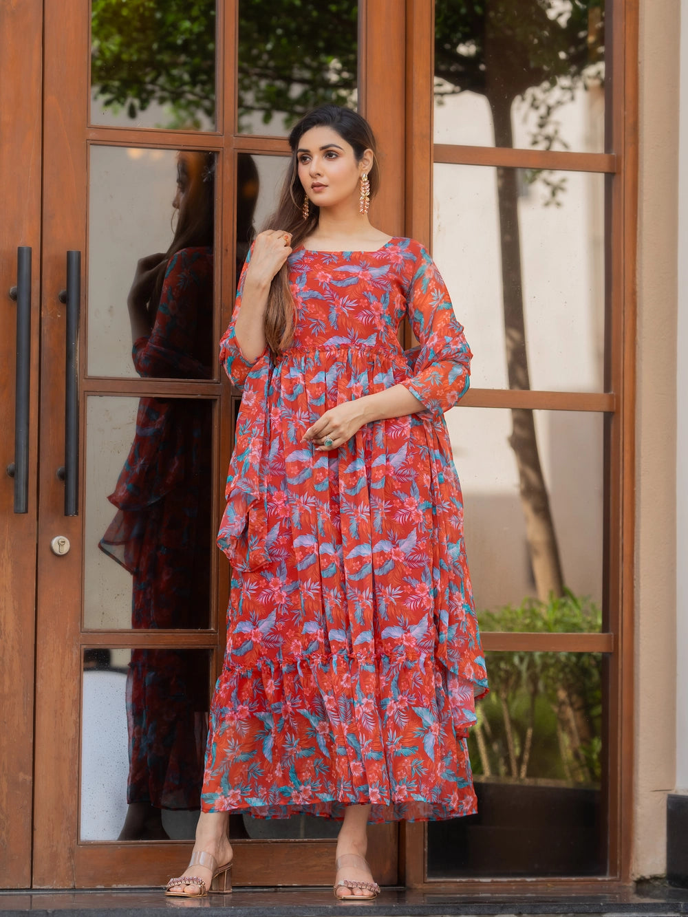 Rusty Red Fox Georgette Maxi Dress with Flowy Dupatta - Rheycart