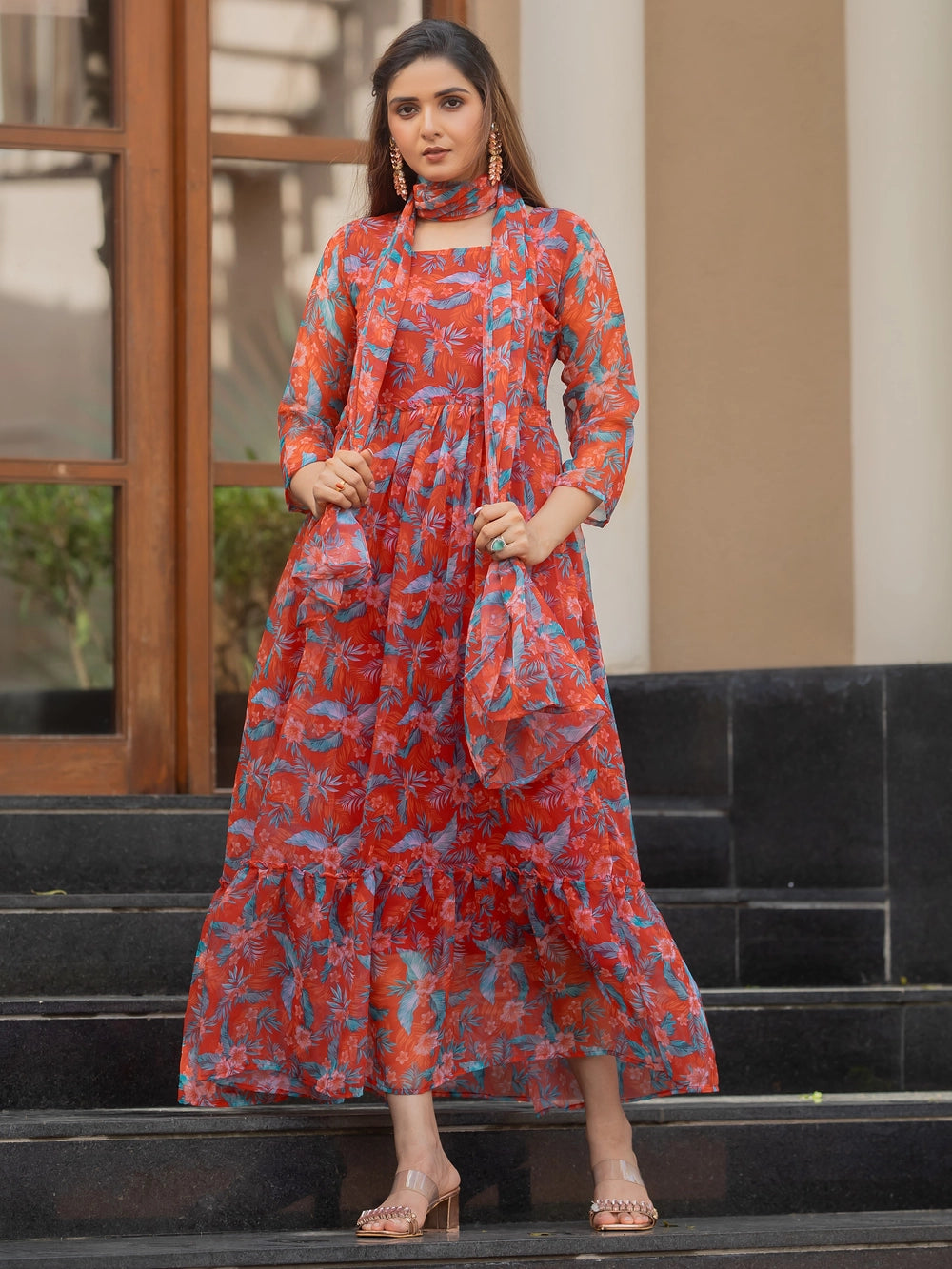 Rusty Red Fox Georgette Maxi Dress with Flowy Dupatta - Rheycart