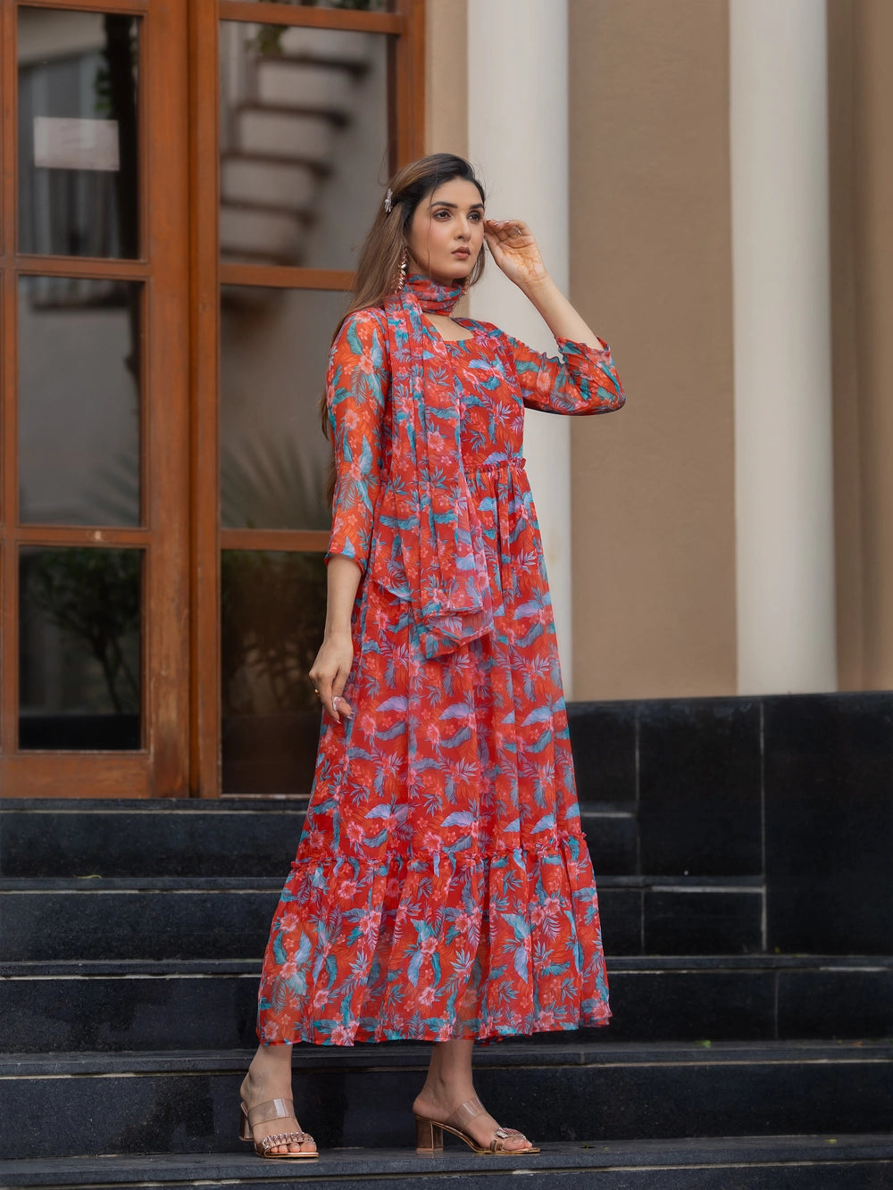 Rusty Red Fox Georgette Maxi Dress with Flowy Dupatta - Rheycart