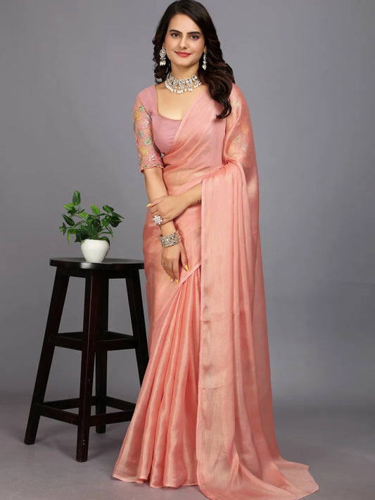 Peach Bollywood Solid Silk Blend Saree