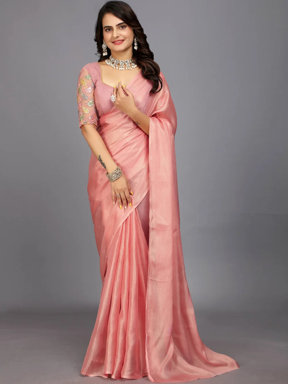 Peach Bollywood Solid Silk Blend Saree