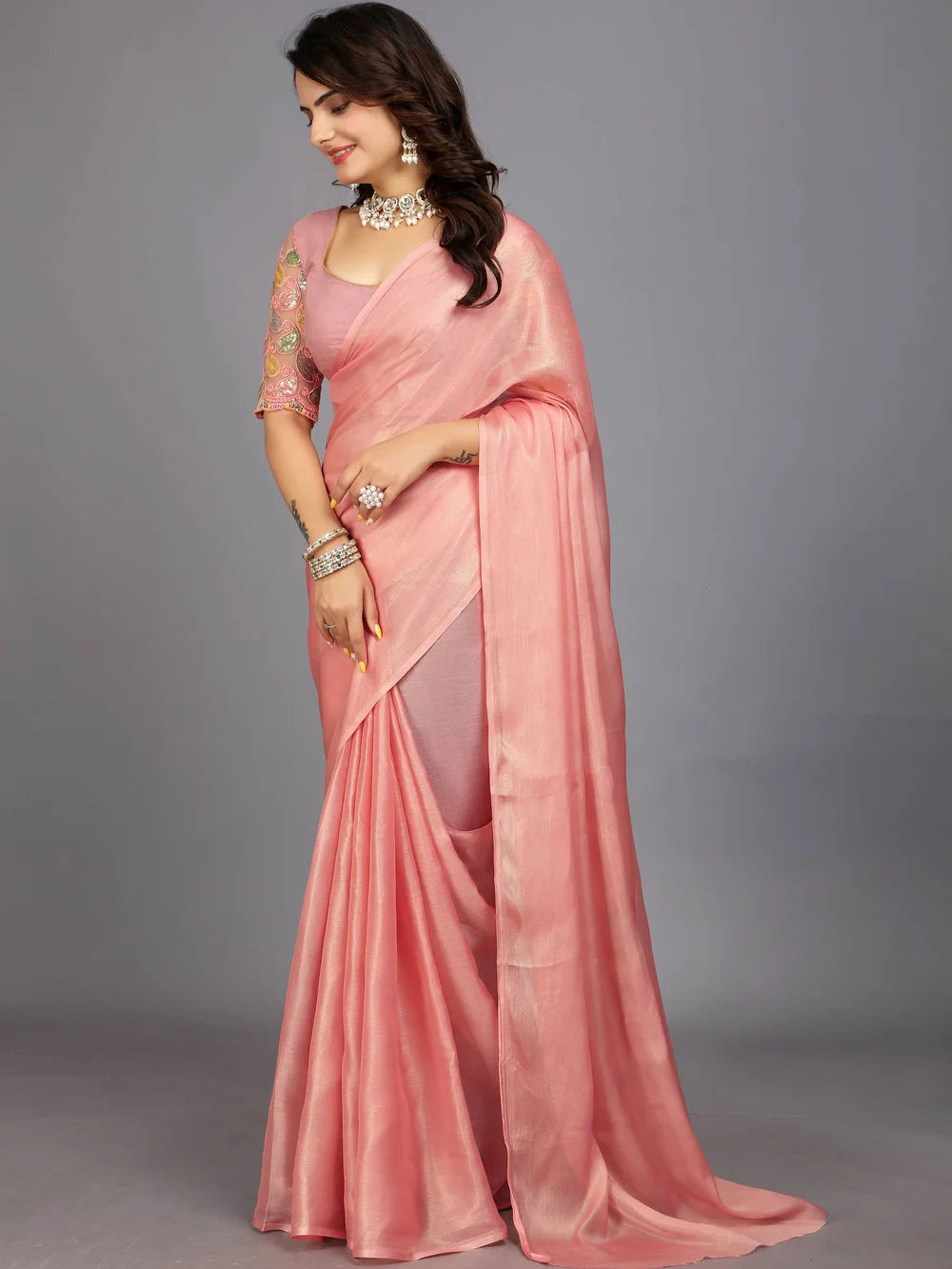 Peach Bollywood Solid Silk Blend Saree