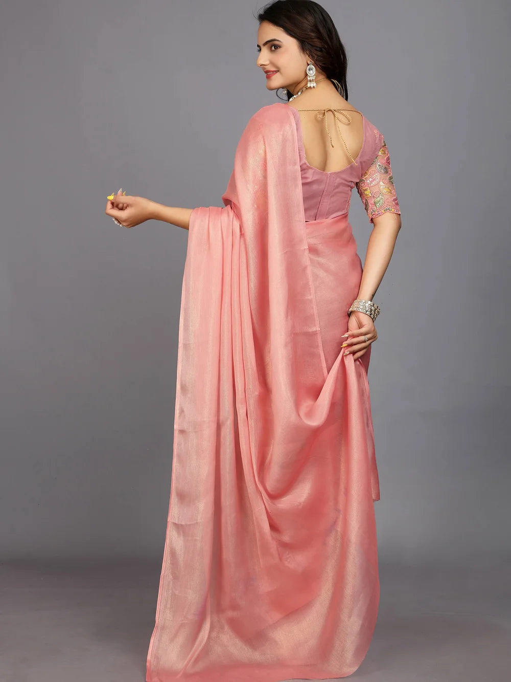 Peach Bollywood Solid Silk Blend Saree