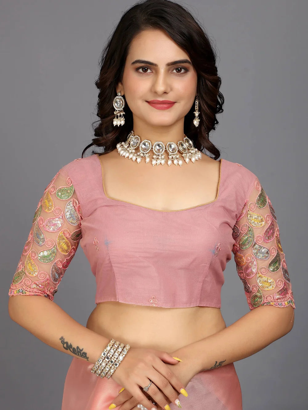 Peach Bollywood Solid Silk Blend Saree