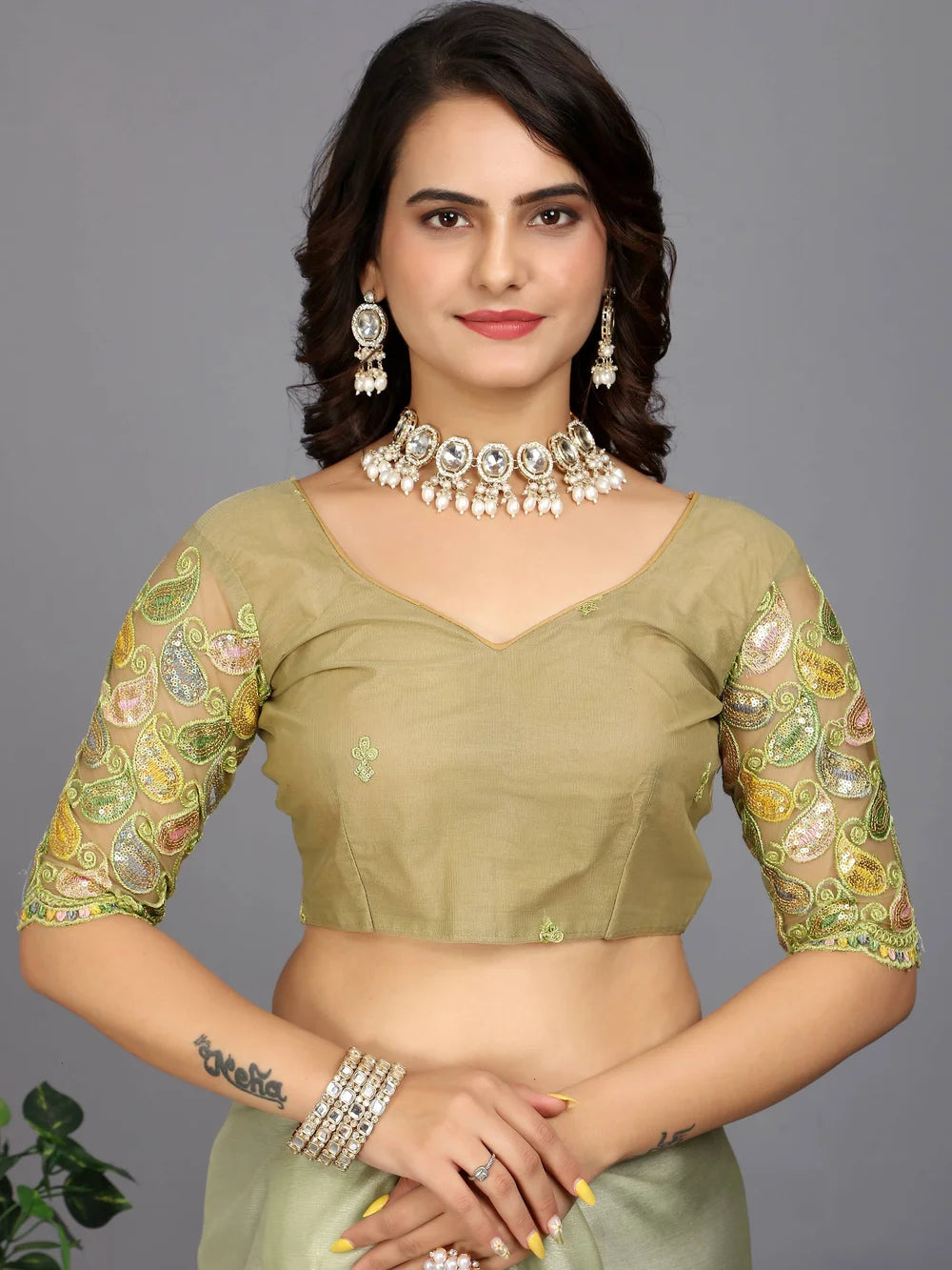 Light Green Bollywood Solid Silk Blend Saree