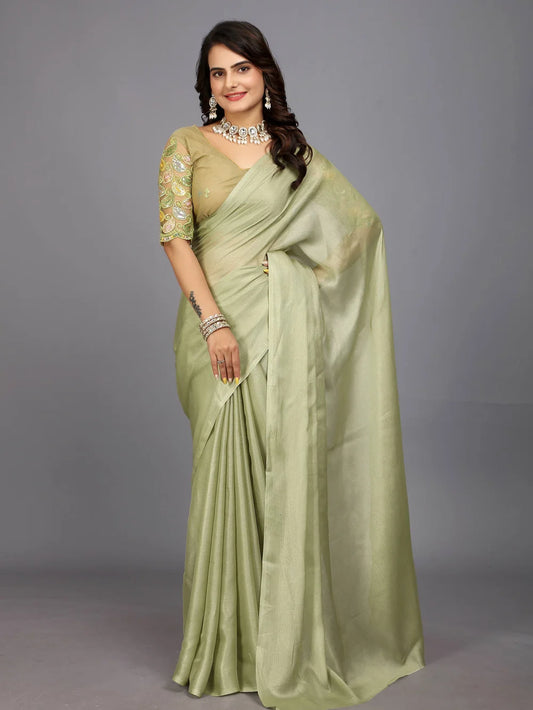 Light Green Bollywood Solid Silk Blend Saree
