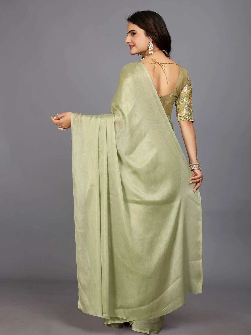 Light Green Bollywood Solid Silk Blend Saree