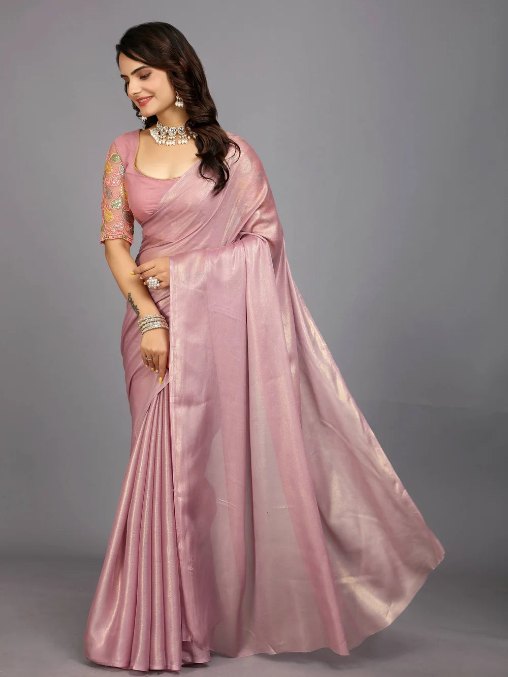 Pink Color Bollywood Plain Silk Blend Saree