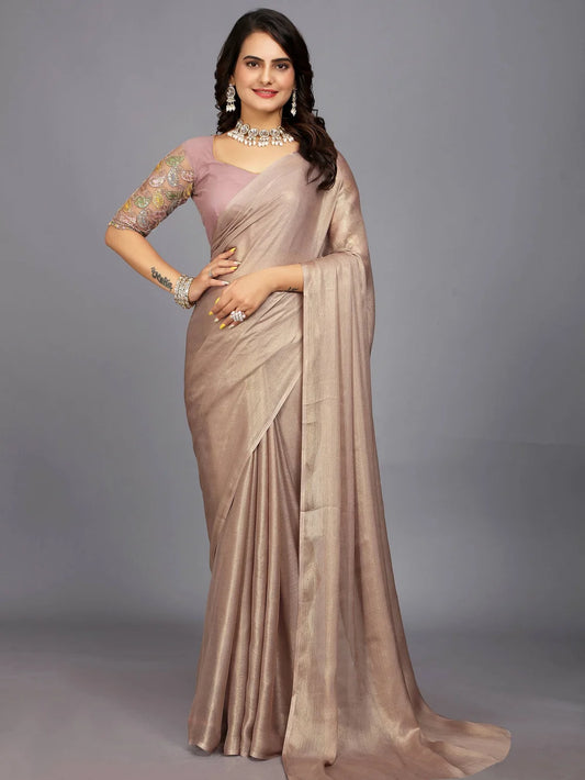 Beige Color Bollywood Plain Silk Blend Saree