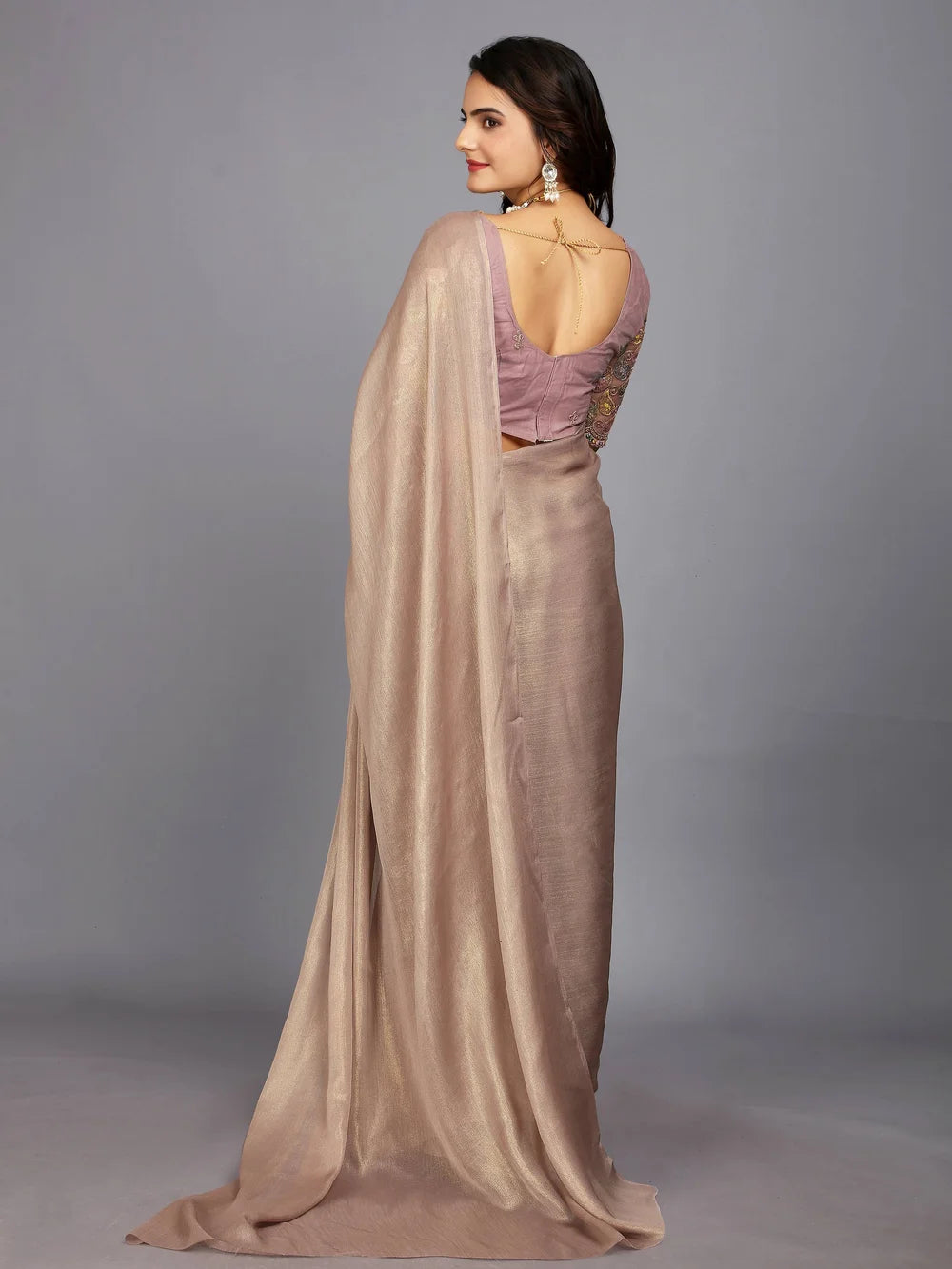Beige Color Bollywood Plain Silk Blend Saree