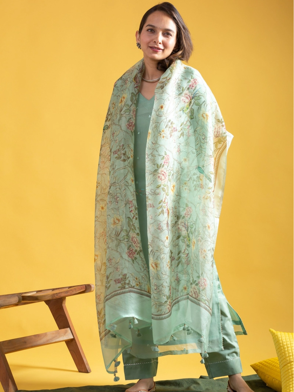 Roman Silk Pastel Green V Neck Suit For Women - Rheycart