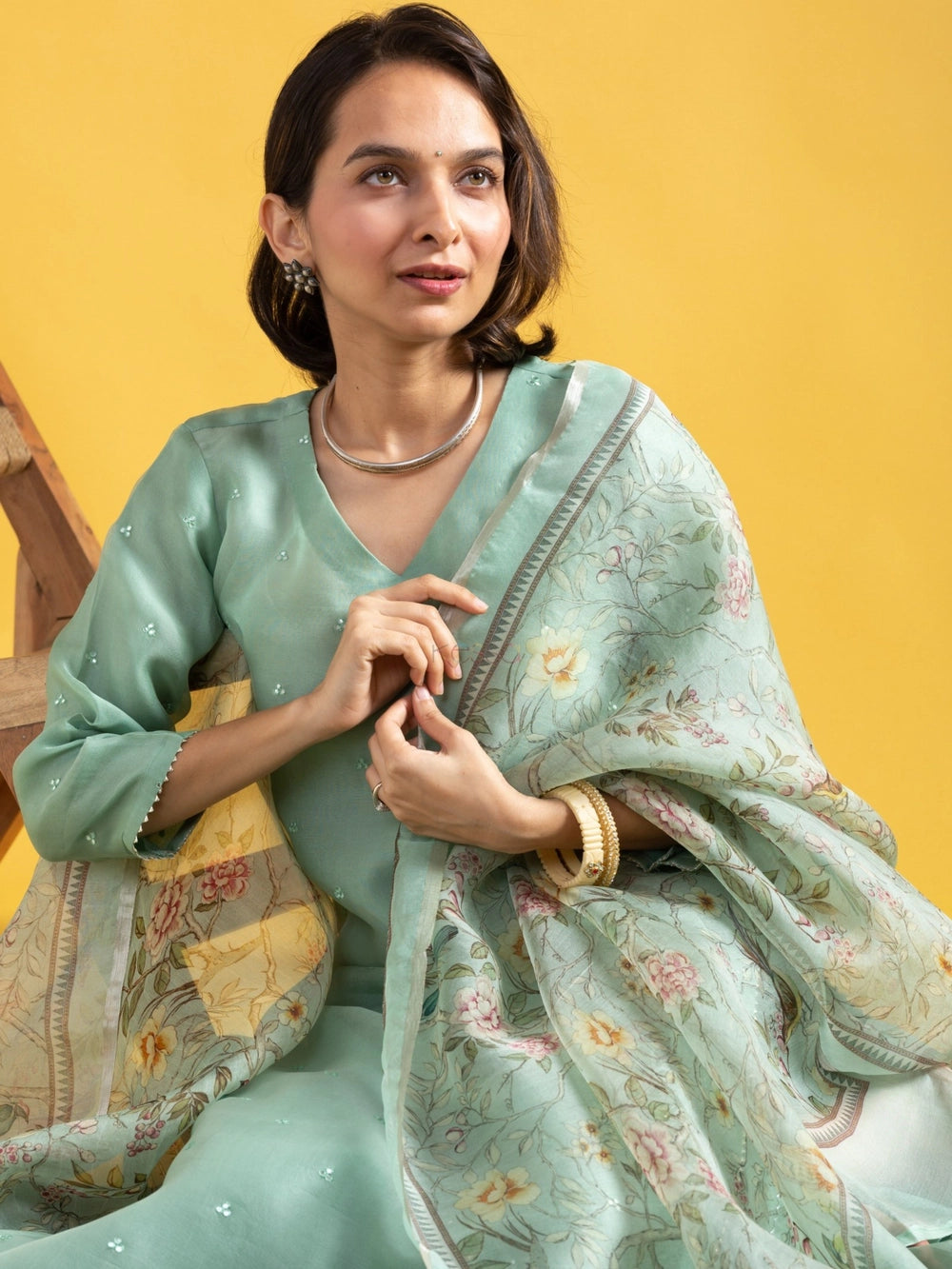 Roman Silk Pastel Green V Neck Suit For Women - Rheycart