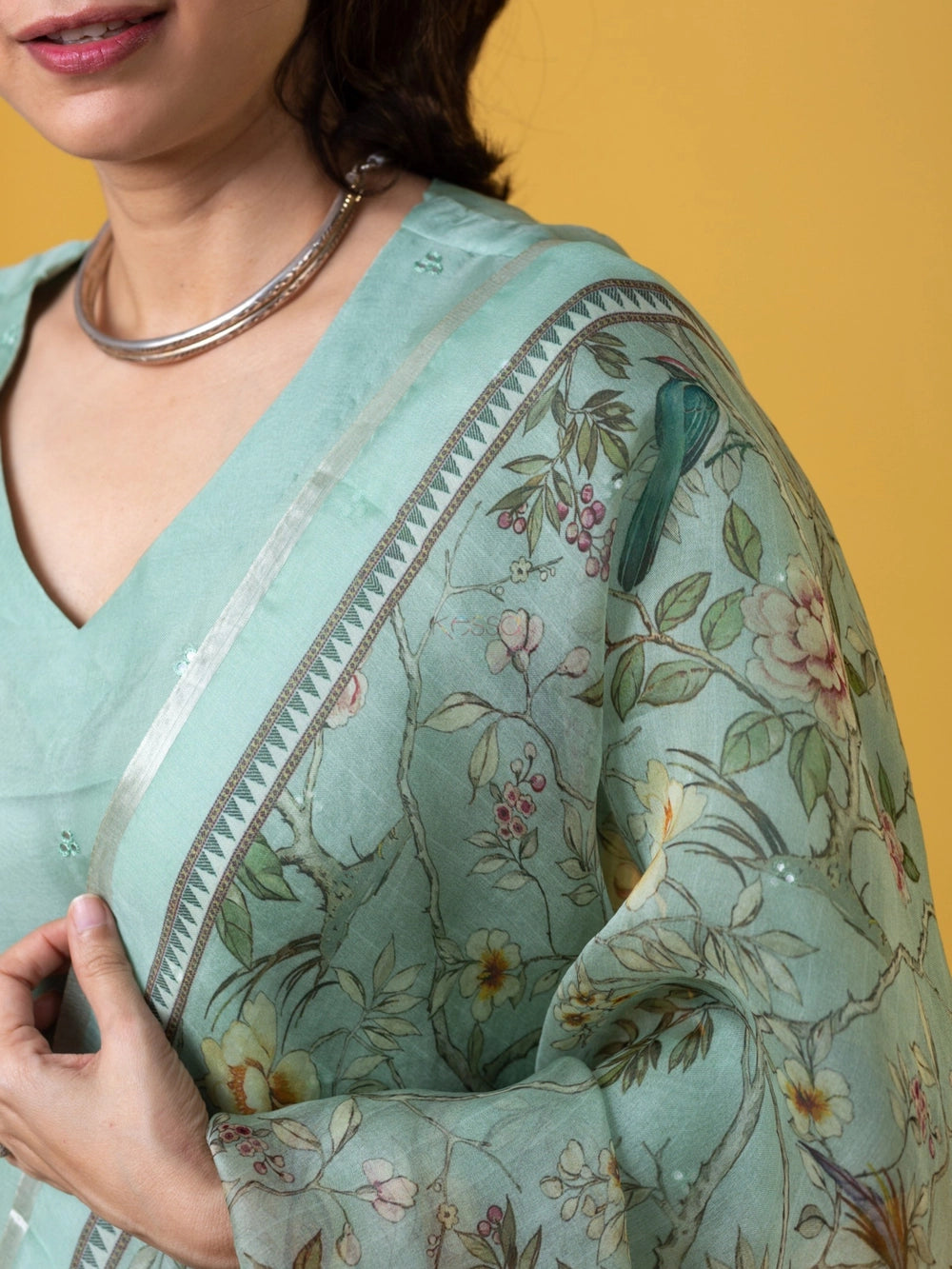 Roman Silk Pastel Green V Neck Suit For Women - Rheycart