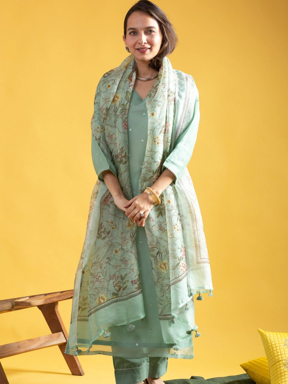 Roman Silk Pastel Green V Neck Suit For Women - Rheycart