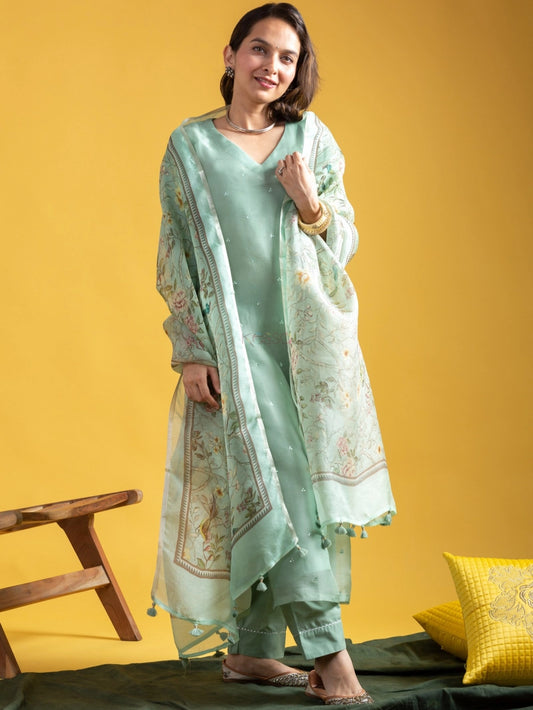 Roman Silk Pastel Green V Neck Suit For Women - Rheycart