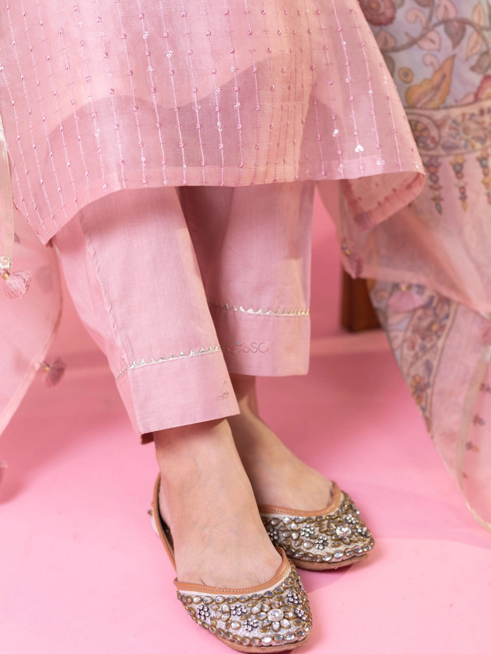 Pastel Pink Roman Silk V Neck Suit For Women - Rheycart