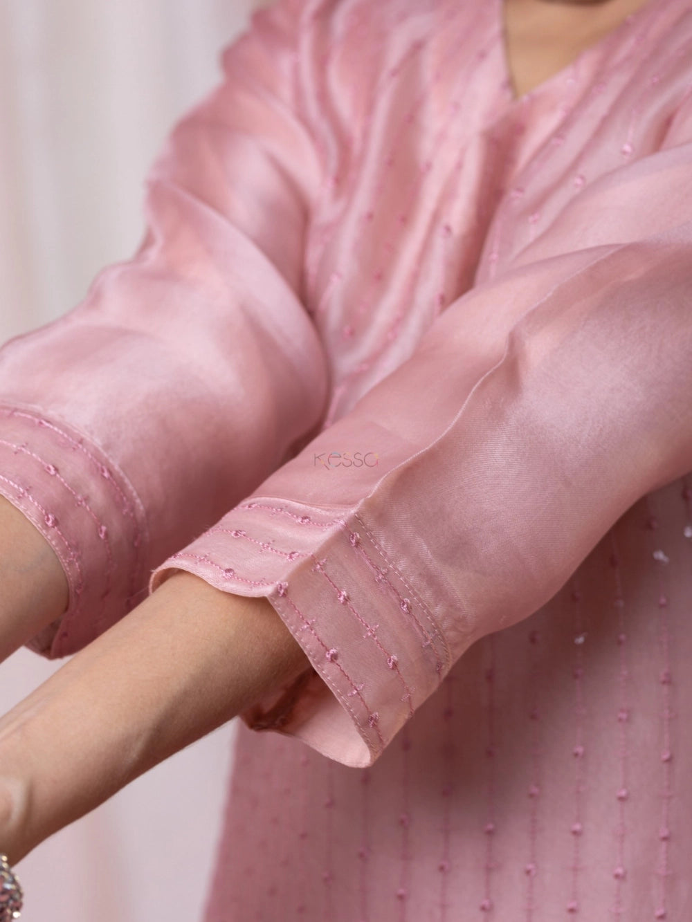 Pastel Pink Roman Silk V Neck Suit For Women - Rheycart
