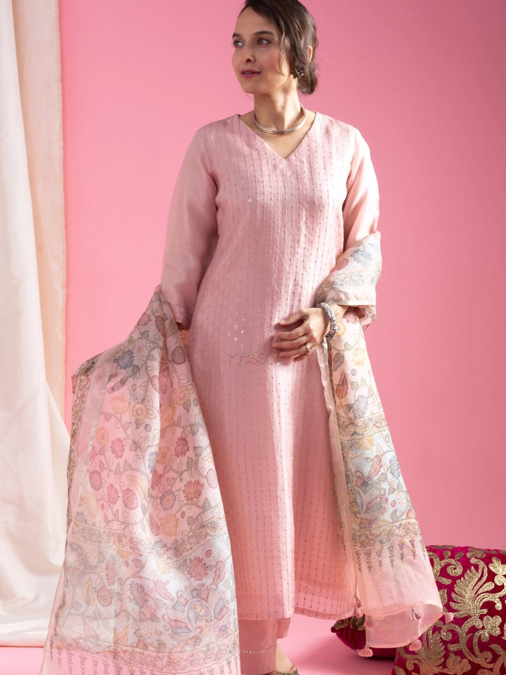 Pastel Pink Roman Silk V Neck Suit For Women - Rheycart