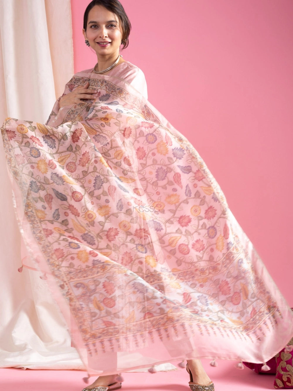 Pastel Pink Roman Silk V Neck Suit For Women - Rheycart