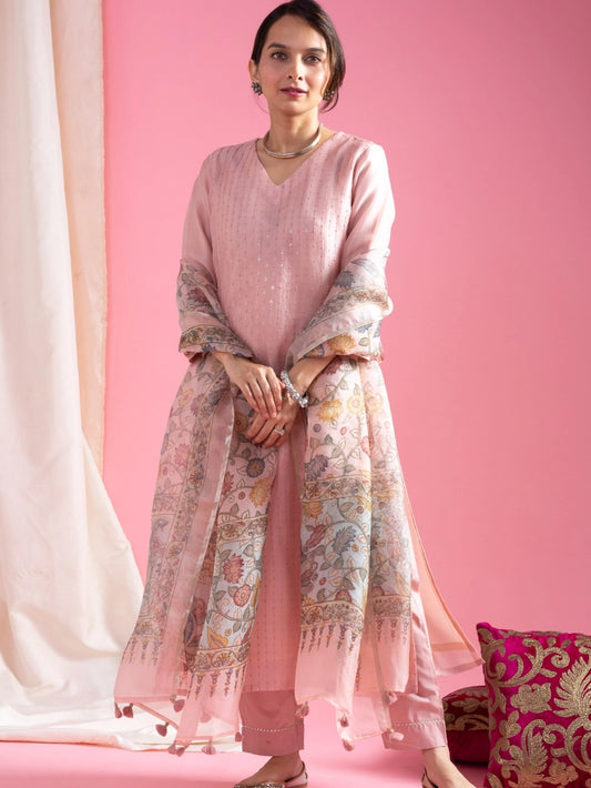 Pastel Pink Roman Silk V Neck Suit For Women - Rheycart