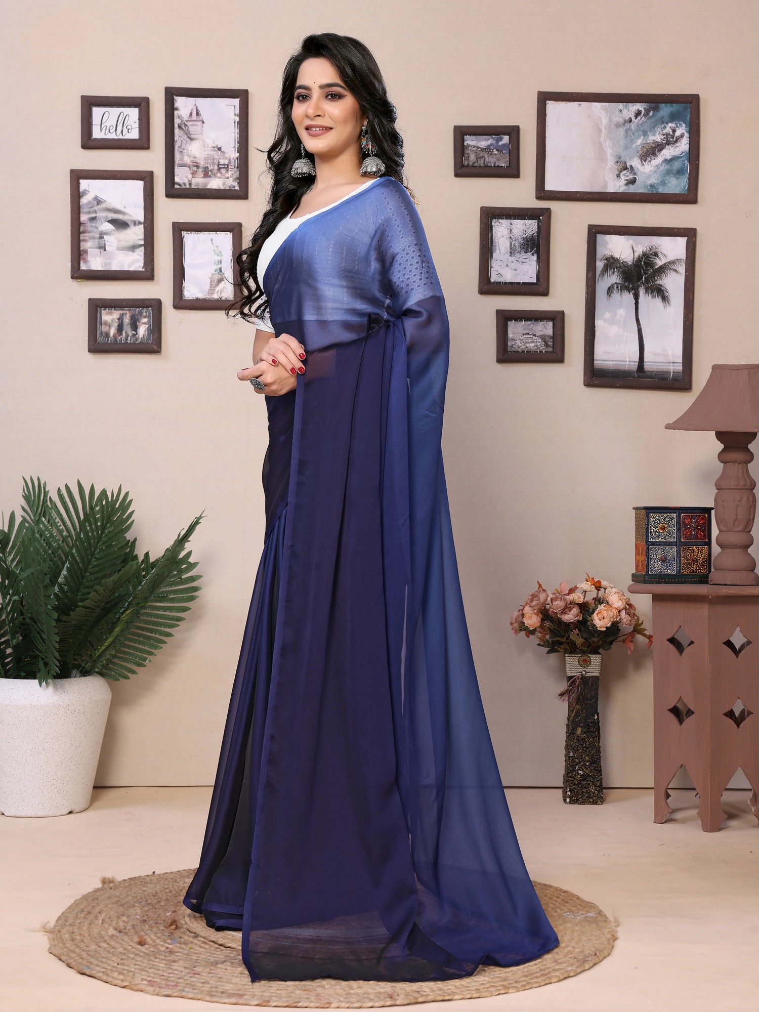 Satin ombre saree blue tones with blouse