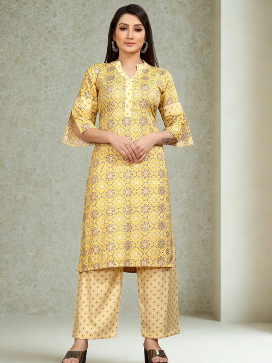Yellow Floral Printed Kurta with Palazzo Set - Rheycart