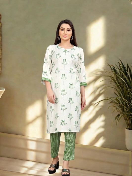 Green Floral Printed Crepe Kurta Sets For Women - Rheycart