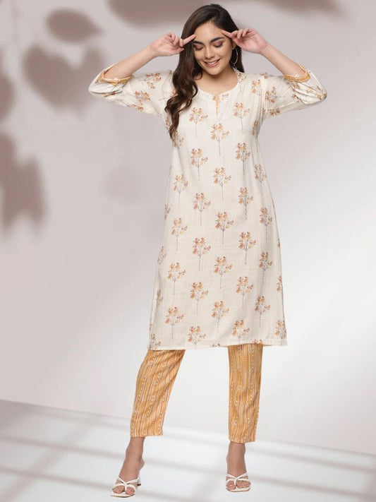 Floral Printed Cream Kurta with Mustard Striped Pants Set - Rheycart