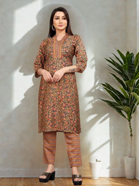 Floral Printed Kurta with Striped Pants - Rheycart