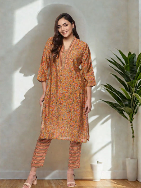 Elegant Mustard Floral Printed Kurta with Striped Pants Set - Rheycart