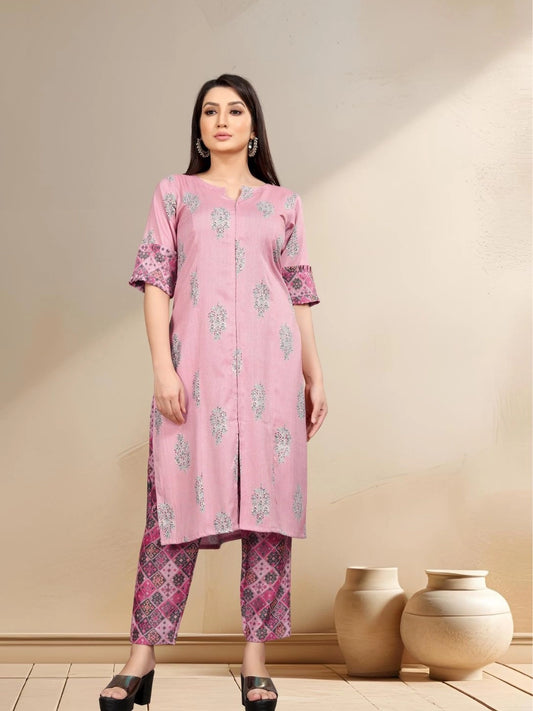 Pastel Pink Ethnic Kurta with Geometric Print Pants - Rheycart