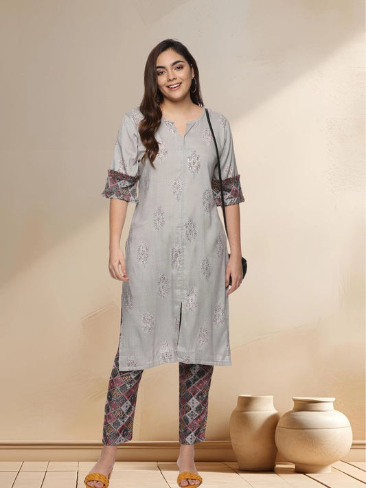 Elegant Grey Floral Printed Kurti With Pants Set - Rheycart