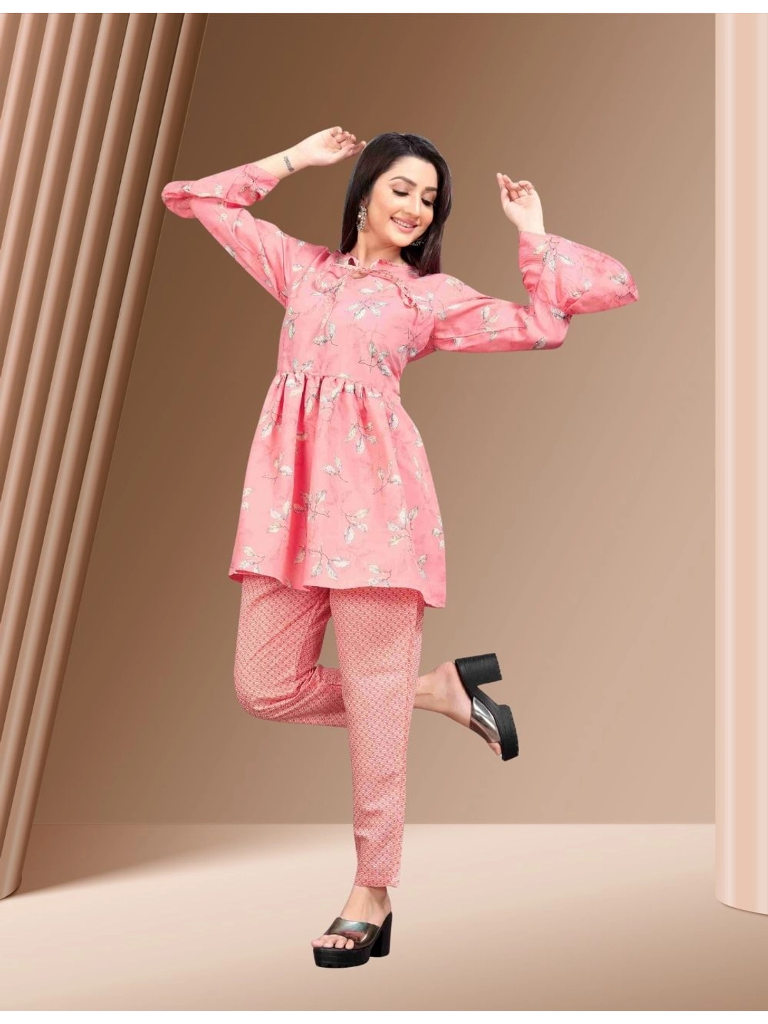 Pink Floral Tunic with Printed Pants Set - Rheycart