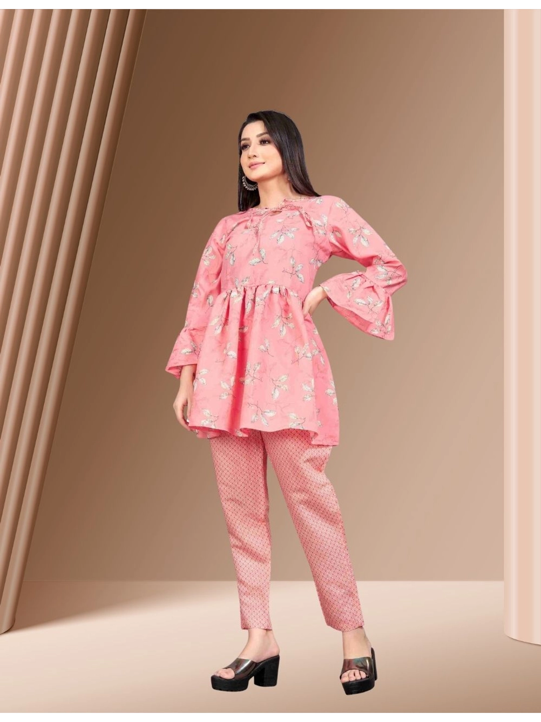 Pink Floral Tunic with Printed Pants Set - Rheycart