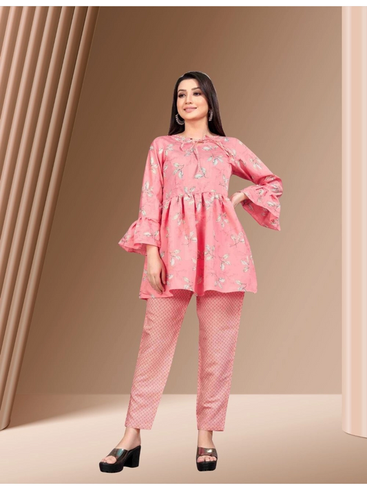 Pink Floral Tunic with Printed Pants Set - Rheycart
